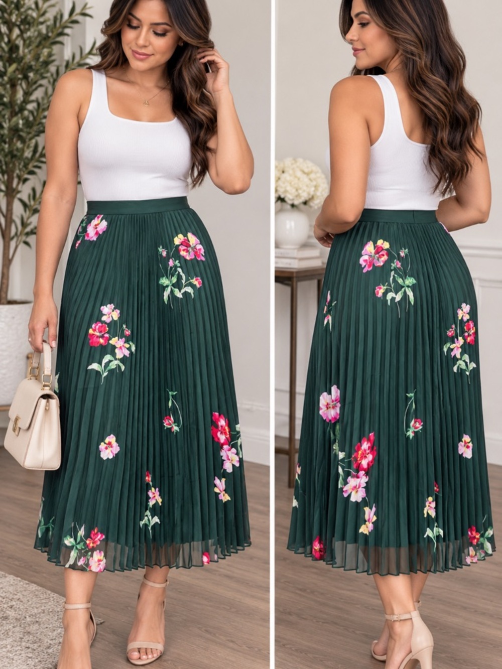 Ann Taylor Dark Green Pleated Midi Skirt with Pink Floral Print